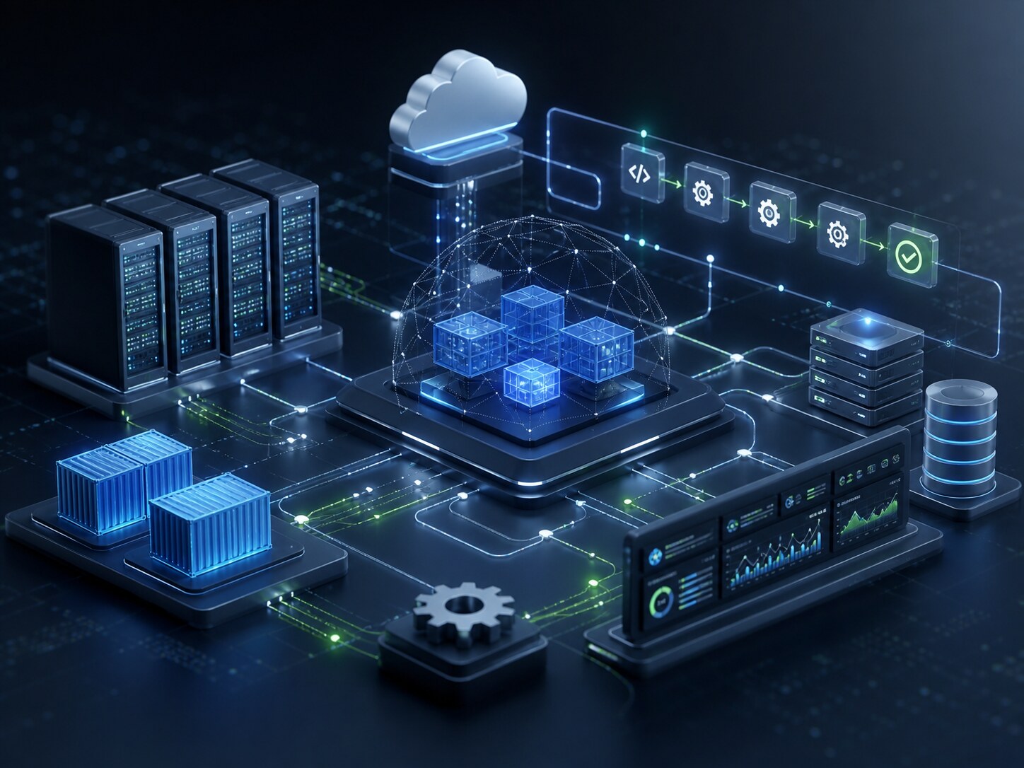 Abstrakte Darstellung moderner IT-Architektur, DevOps Automatisierung und Systembetrieb